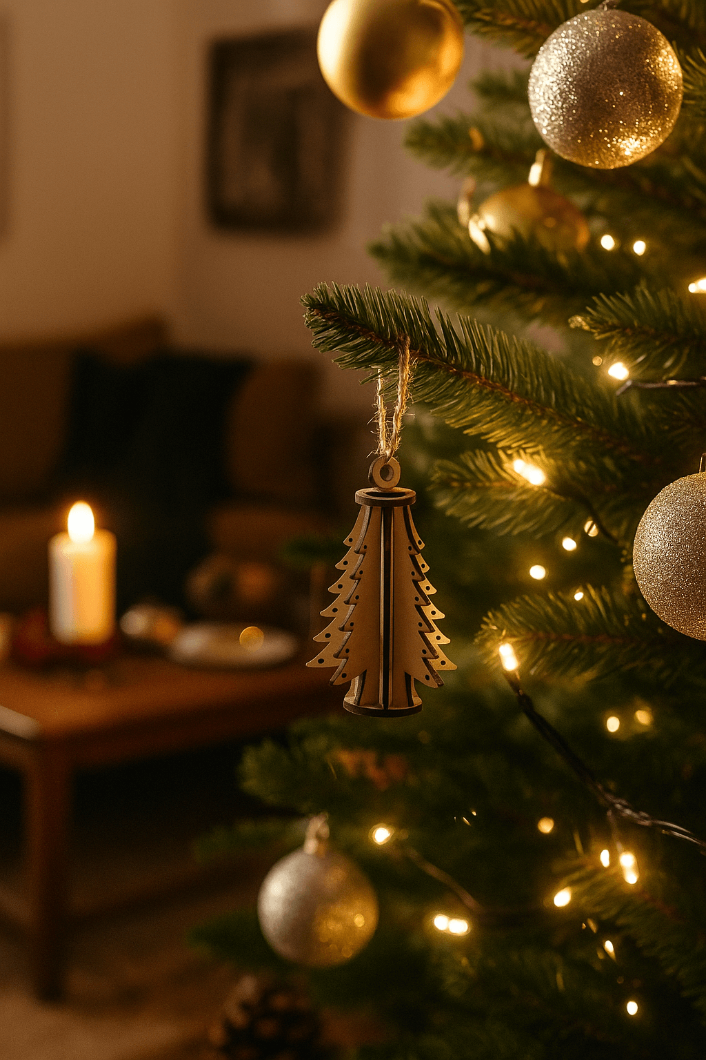 Boule de Noël en bois en forme de sapin suspendue à un sapin de Noël décoré avec des boules dorées.