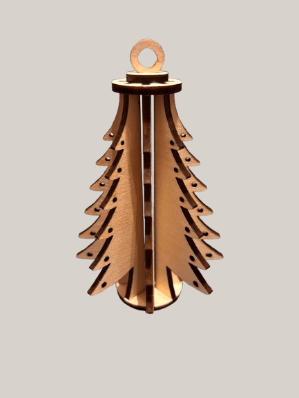 Boule de Noël en bois en forme de sapin, design moderne et naturel, décoration festive pour les fêtes.