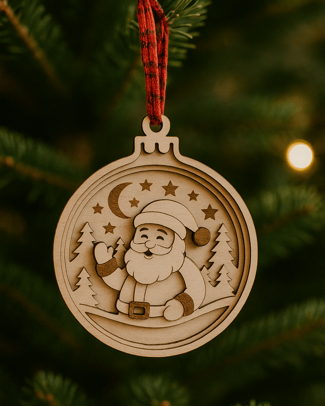 Boule de Noël Père Noël en bois naturel avec un design en relief, suspendue à un sapin de Noël.