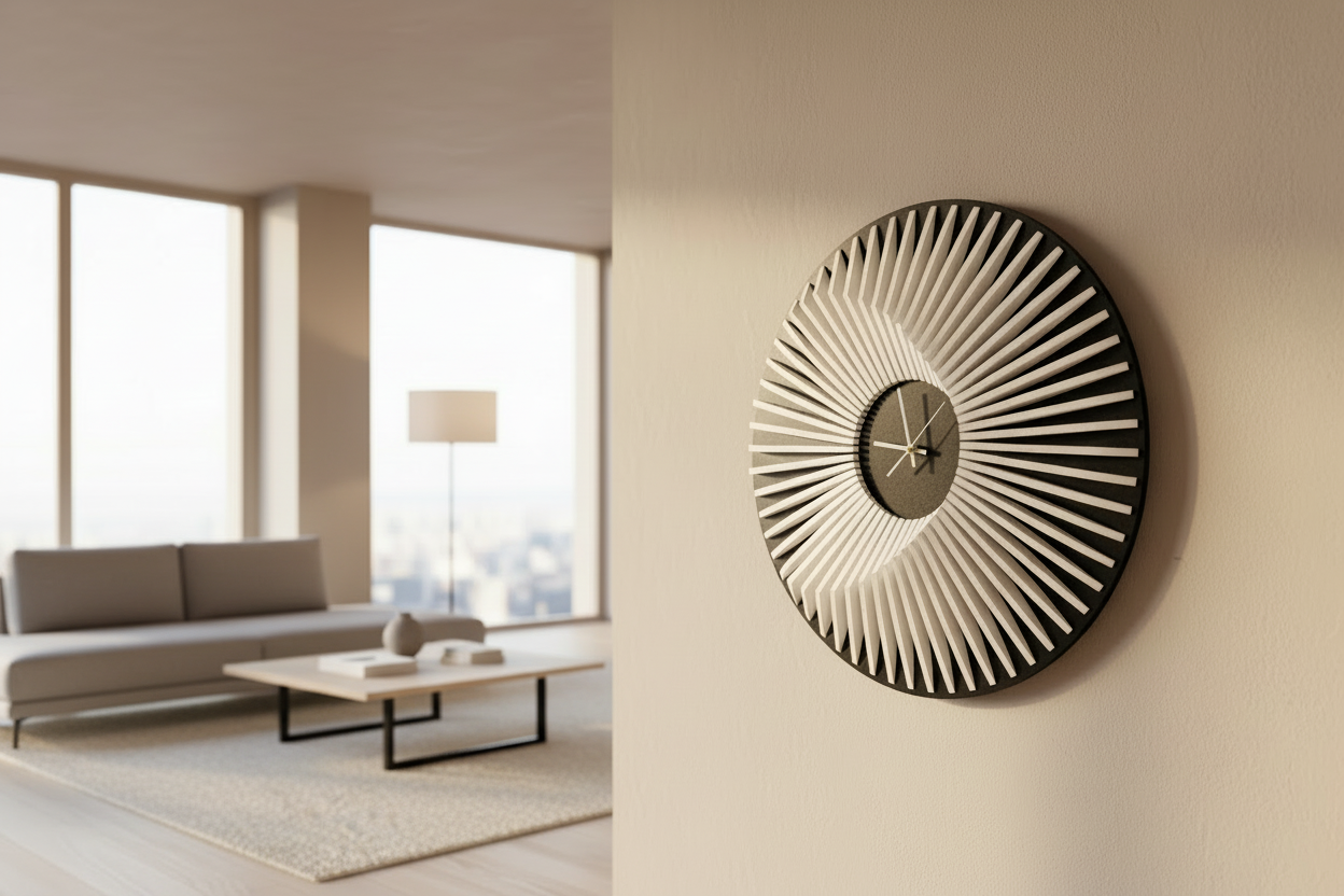 Horloge Murale Bicolore en Bois élégamment accrochée dans un salon moderne avec des murs clairs.