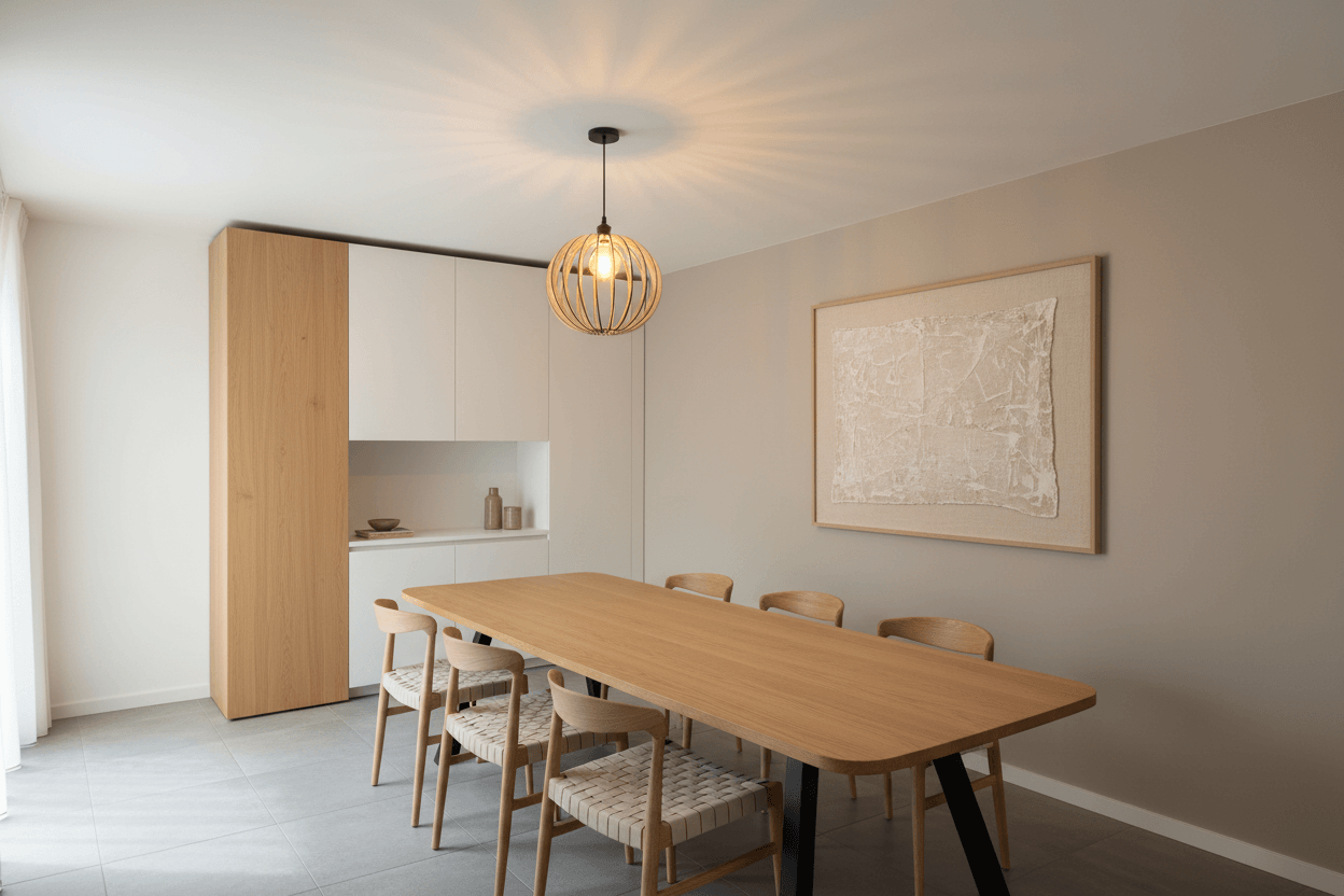 Lustre en bois suspendu au-dessus d'une grande table en bois dans une salle à manger moderne.