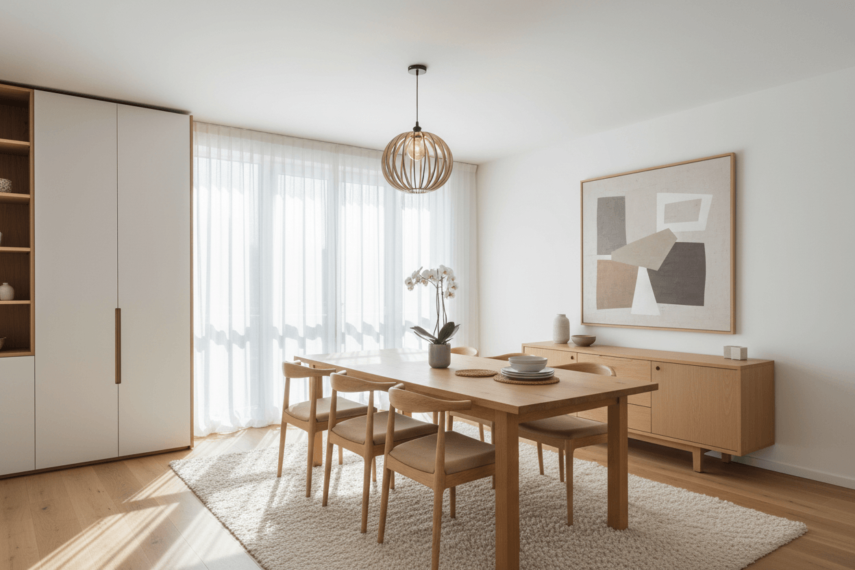 Lustre en bois moderne au-dessus d'une table en bois dans une salle à manger lumineuse.