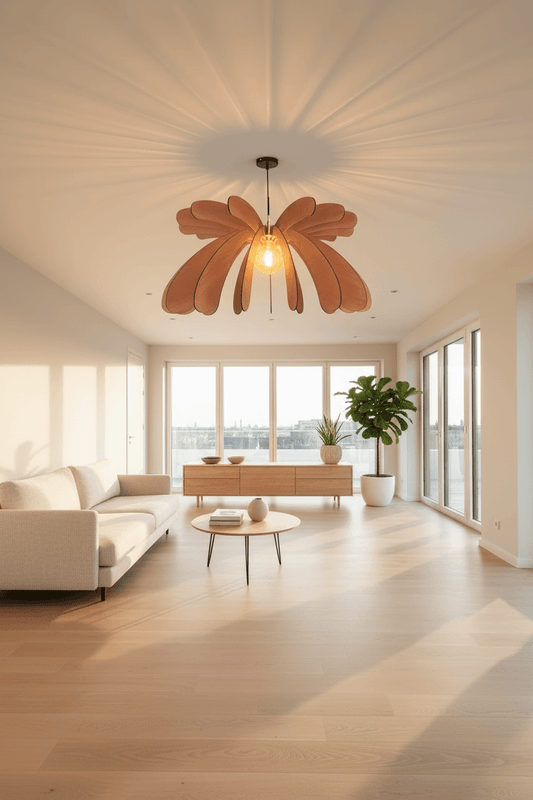 Lustre Fleur en bois illuminant un salon moderne avec un mobilier élégant et une vue sur l'extérieur.