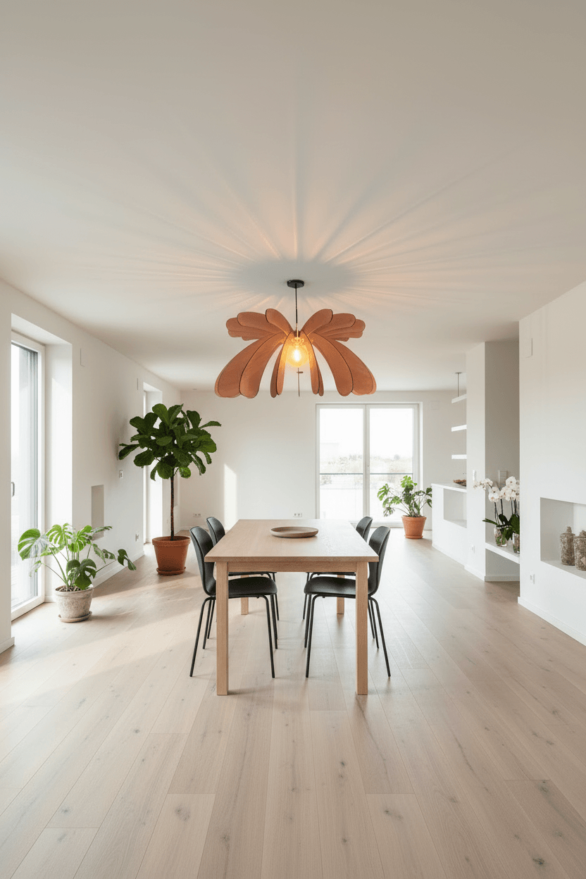 Lustre Fleur en bois suspendu au-dessus d'une table dans un intérieur moderne avec des plantes.