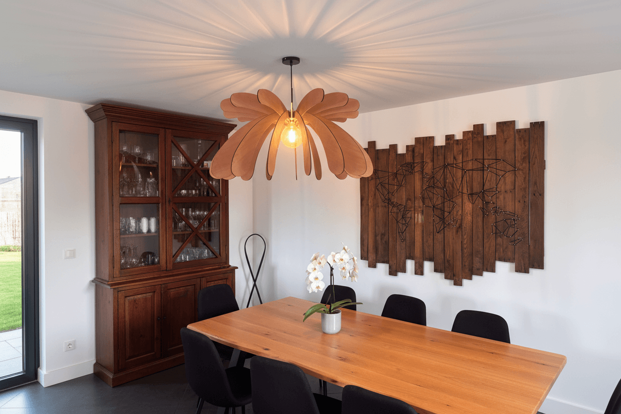 Lustre Fleur en bois, conçue par Nartdesign, illuminant une salle à manger moderne.