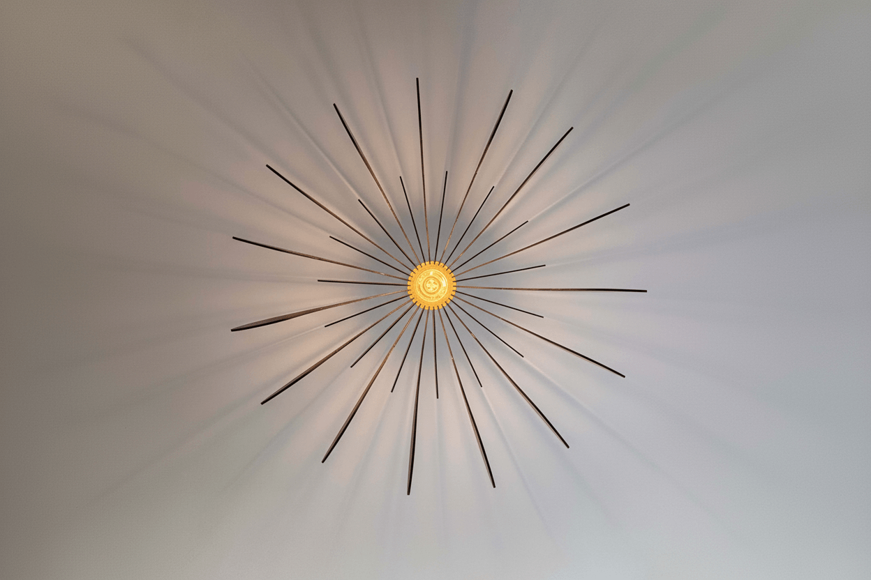 Lustre Fleur en bois avec une ampoule centrale, projetant des ombres douces sur le plafond.