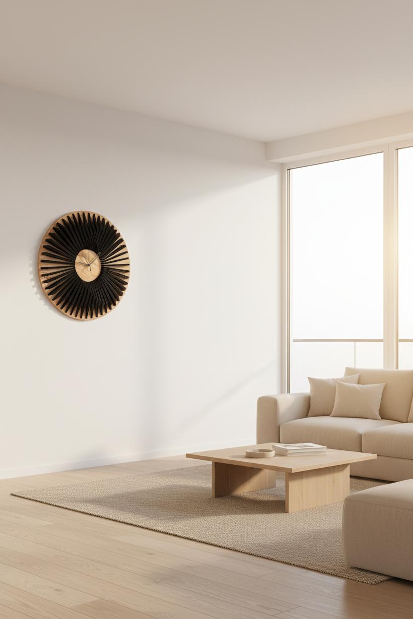 Horloge murale en bois brut décorant un mur moderne d'un salon lumineux avec un mobilier minimaliste.