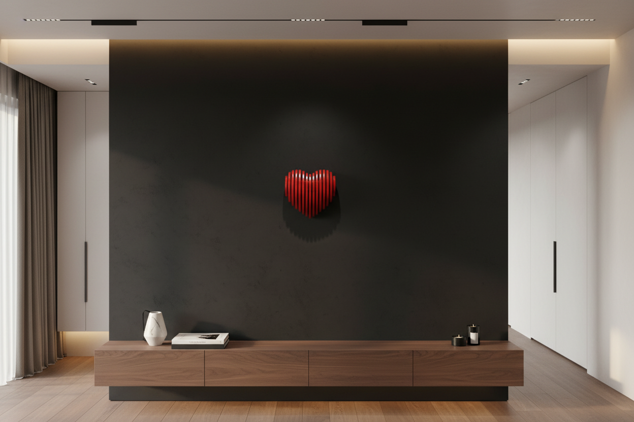 Sculpture Murale en Bois Cœur Paramétrique sur un mur noir dans un intérieur moderne.