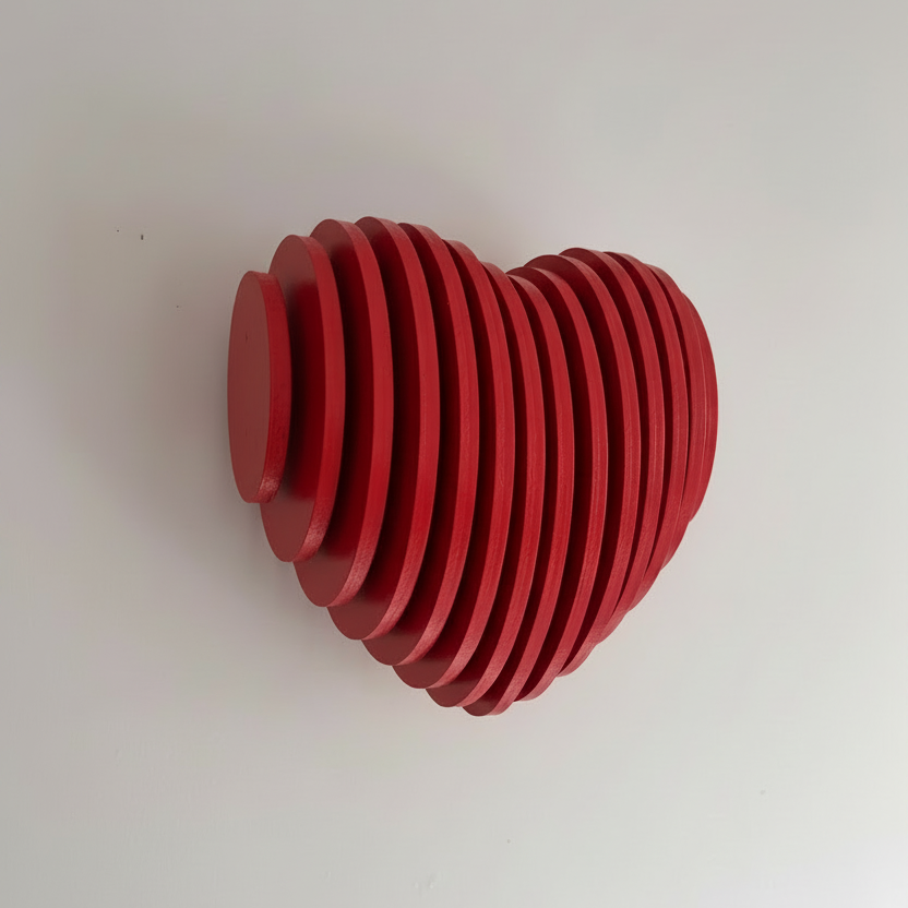 Sculpture Murale en Bois Cœur Paramétrique en bois rouge, œuvre Nartdesign avec des tranches empilées.