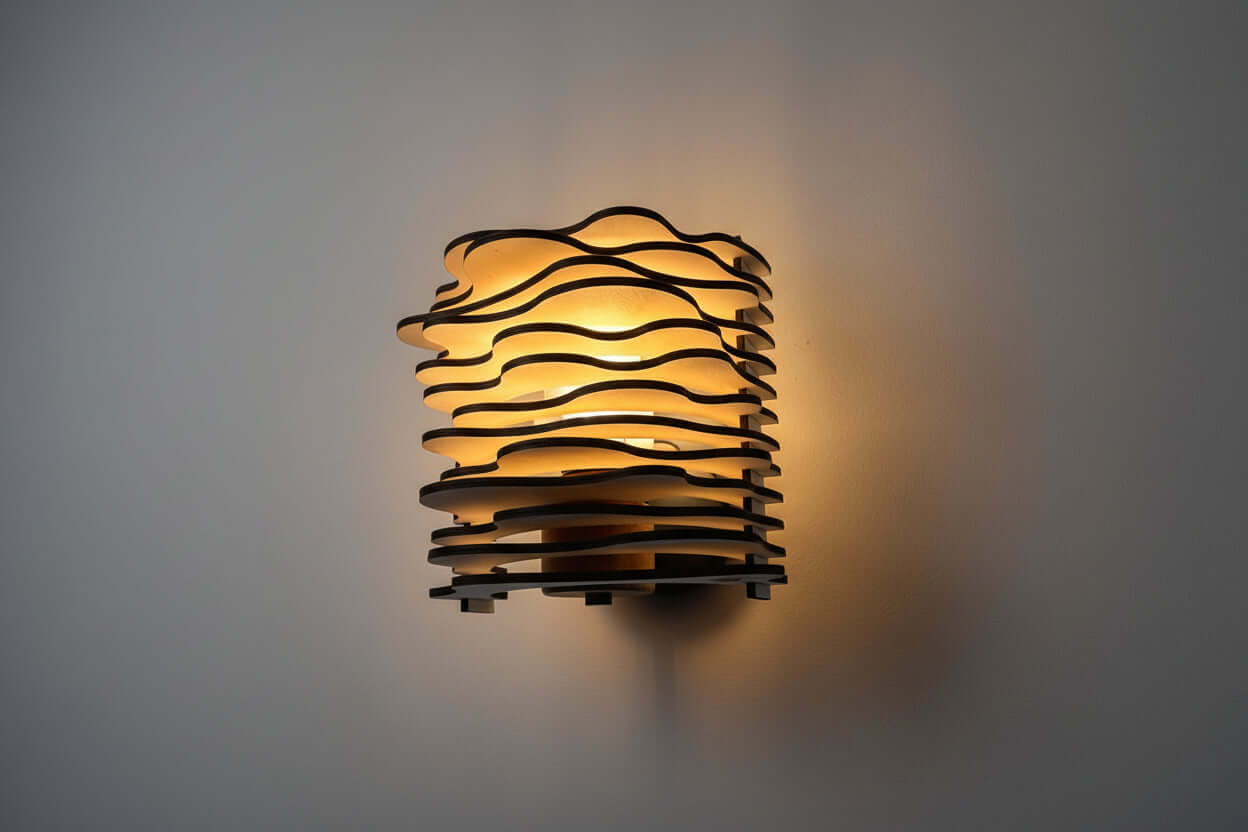 Applique en bois Vague, luminaire artisanal projetant des ombres douces sur le mur.